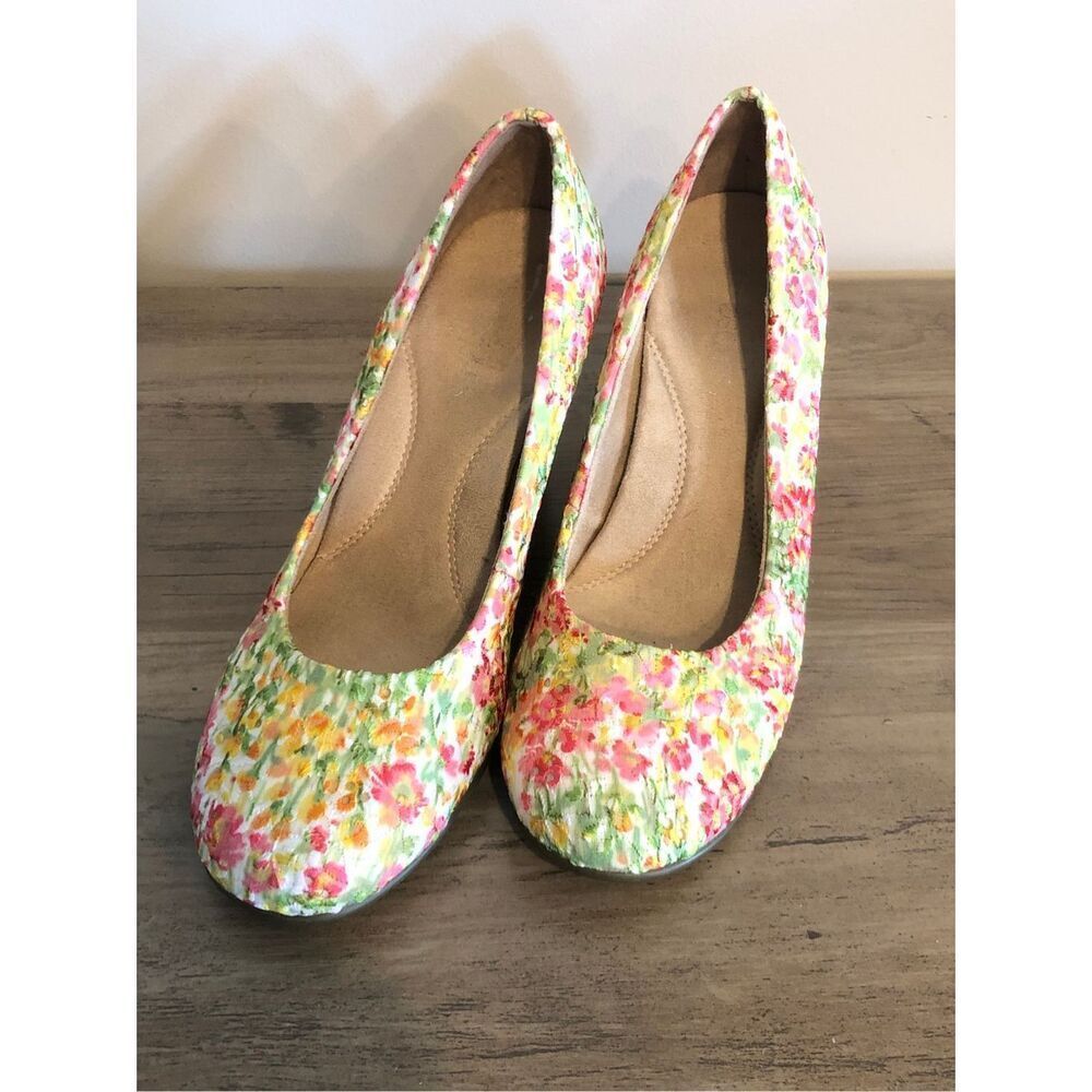 Aerosoles Plum Tree floral cork wedges Pump Sz 7.5 Cottagecore boho garden weddi